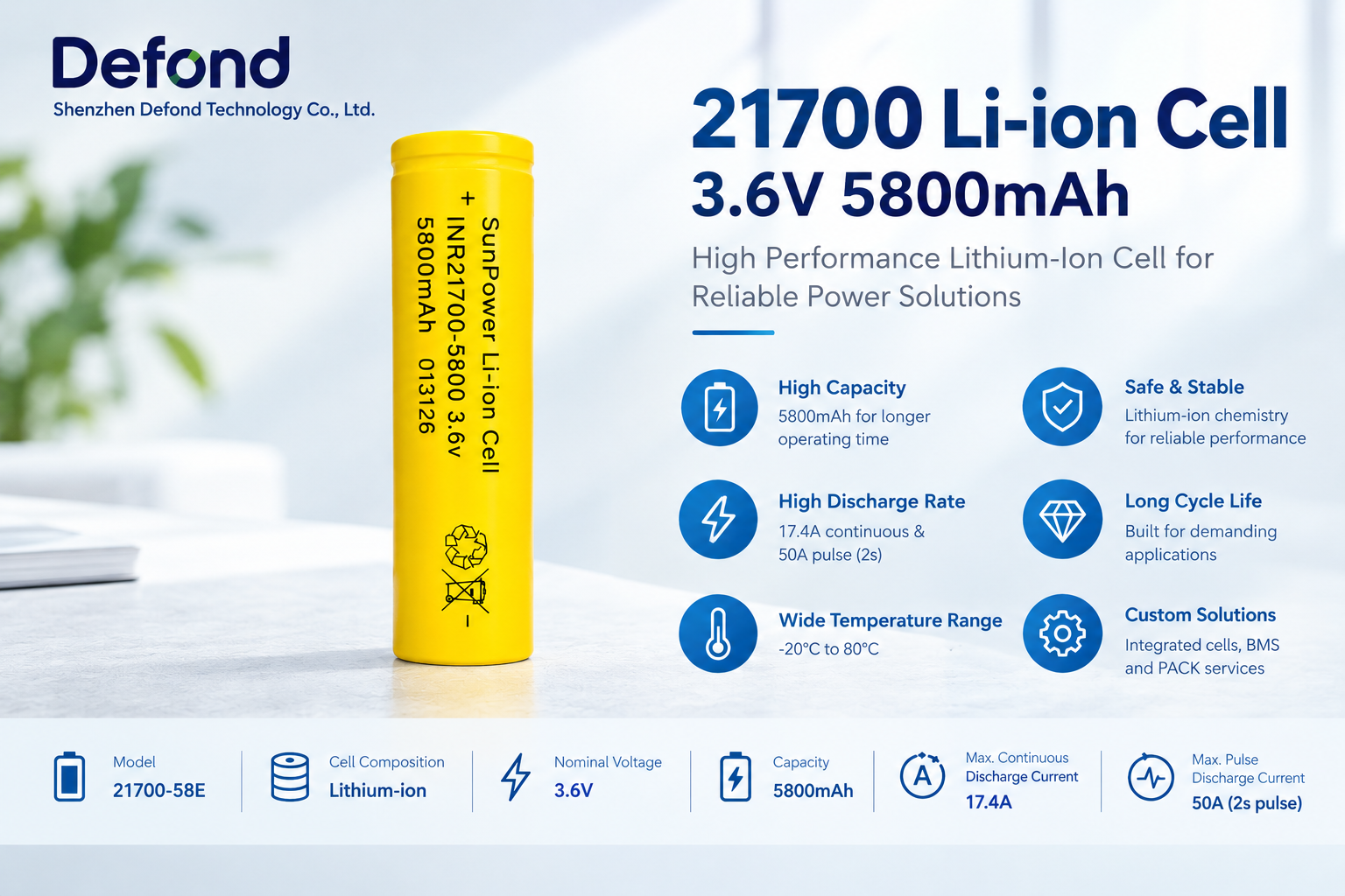 21700 lithium ion cell 5800mAh